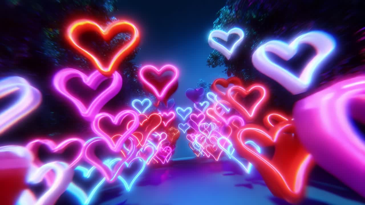 A Stunning Display of Glowing Neon Hearts Lighting Up a Dreamlike Pathway Surrounded by Lush Trees, Creating a Whimsical and Romantic Atmosphere for All to Enjoy