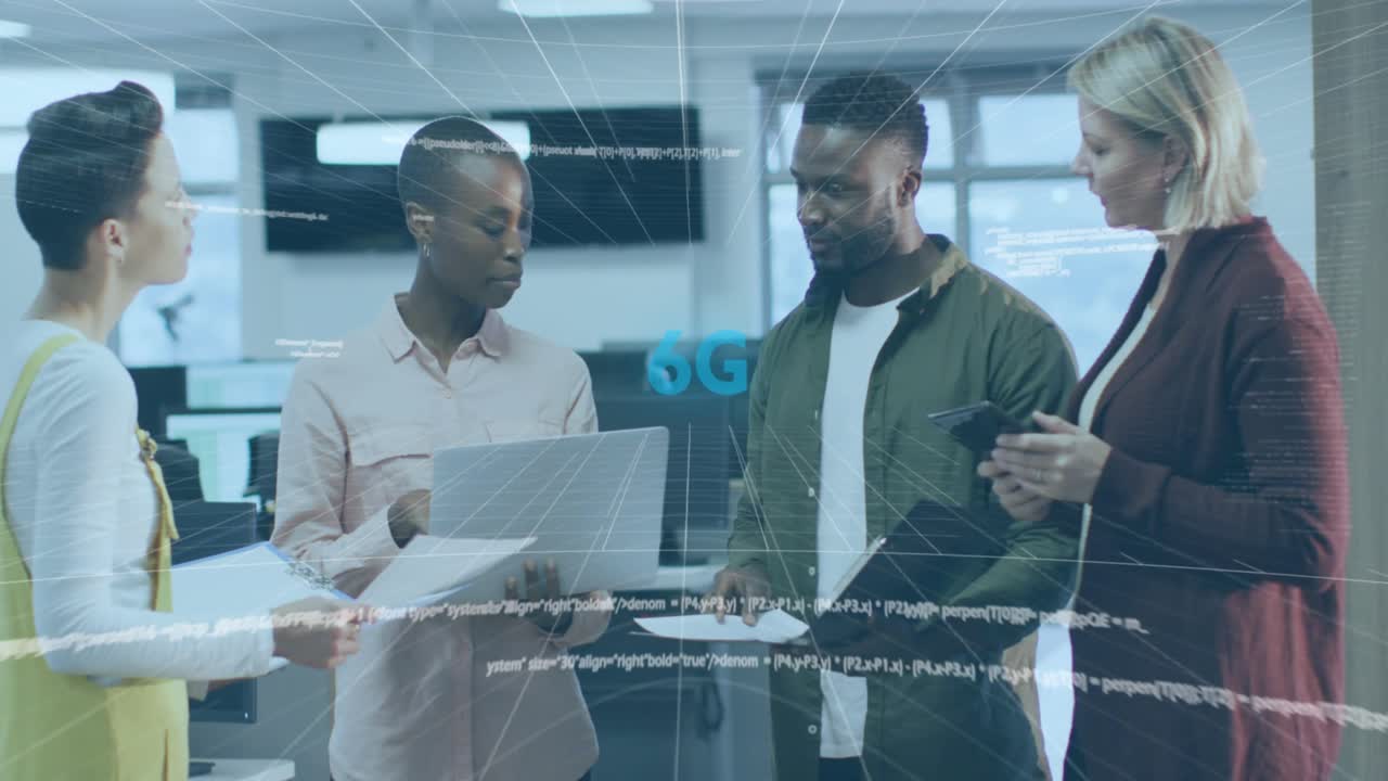 Animation of data processing over diverse business people in office
