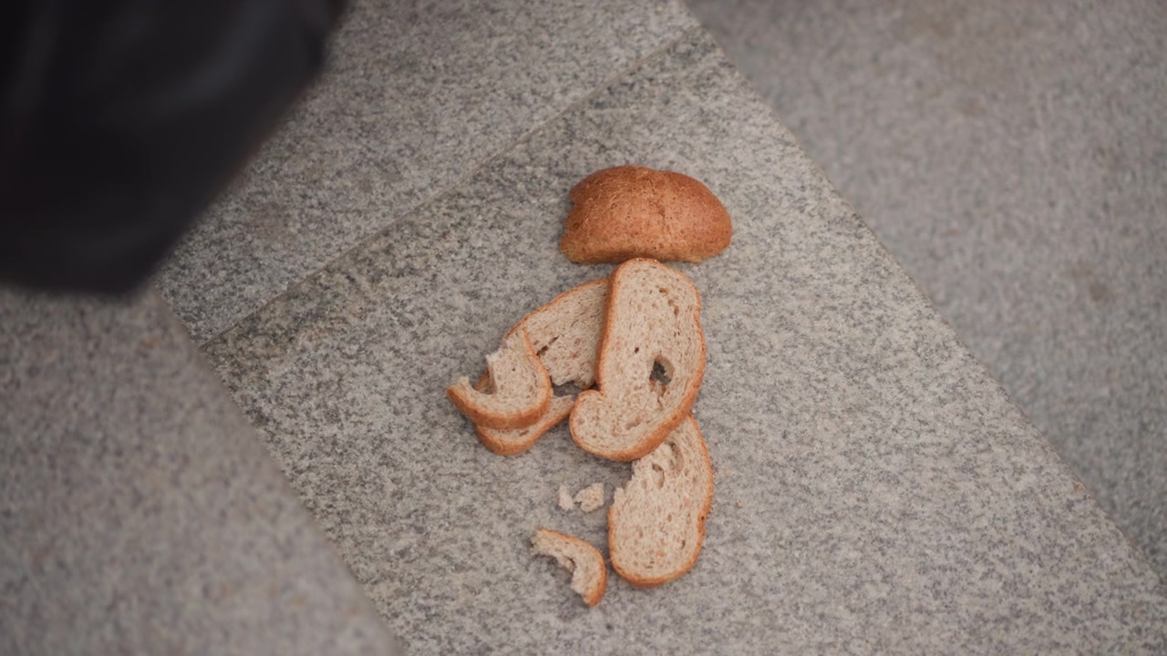 Close up of bread slices arranged on gray stone surface with soft lighting and minimal camera movement. scene features several pieces of sliced brown loaf including crumbs scattered