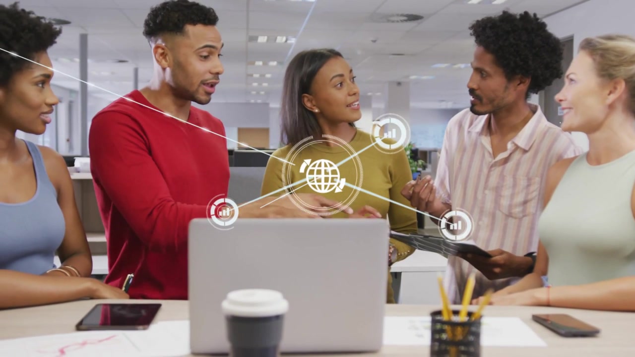 Vertical video: Man in red pointing laptop, team talking tech with tablet, network linking devices