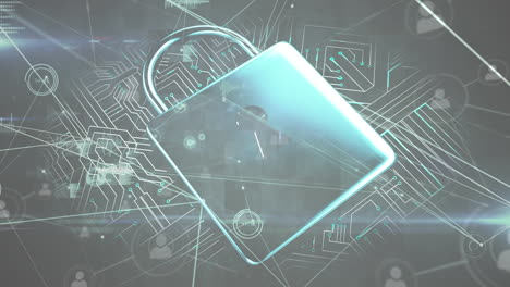 animación del candado, la placa de circuitos informáticos y la red de conexiones