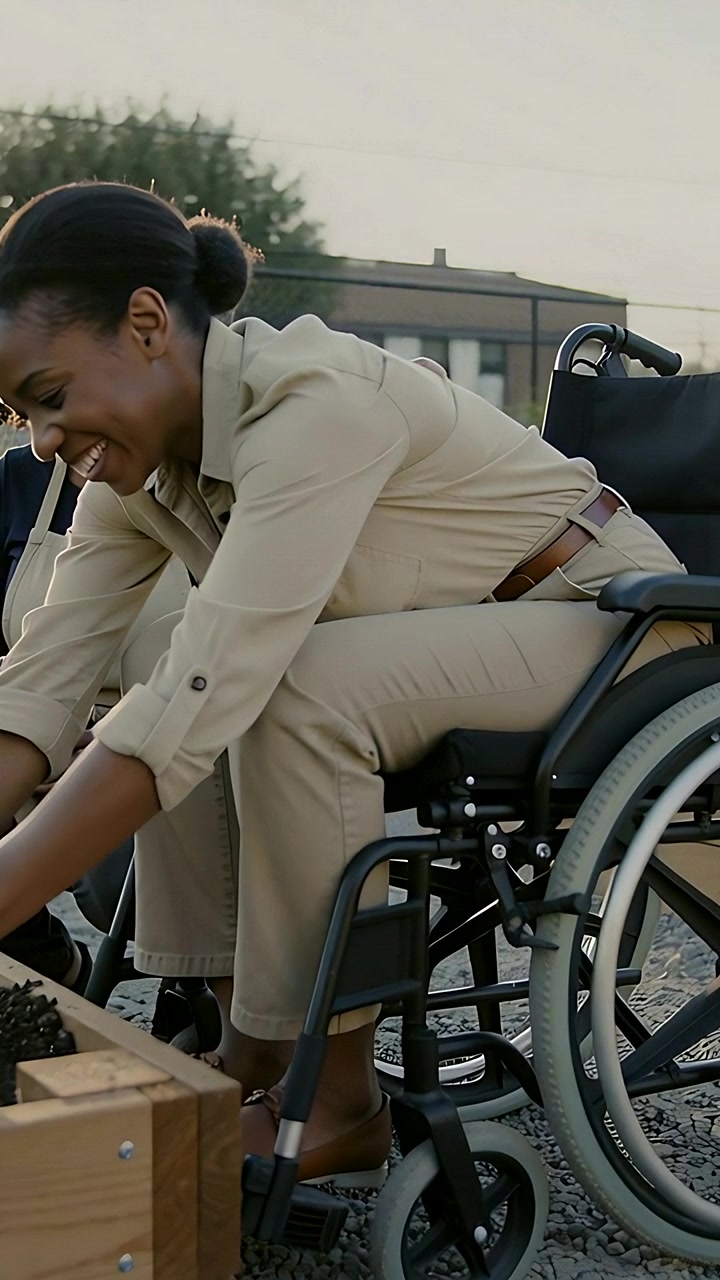 Vertical video: Leaning woman in wheelchair in beige tending planter at community garden