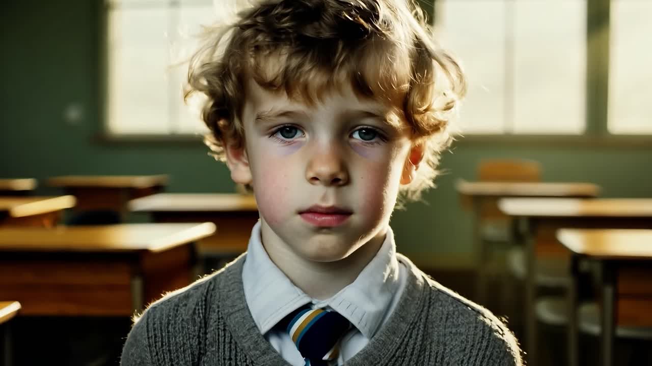 A young boy in a school uniform sits in a classroom looking serious