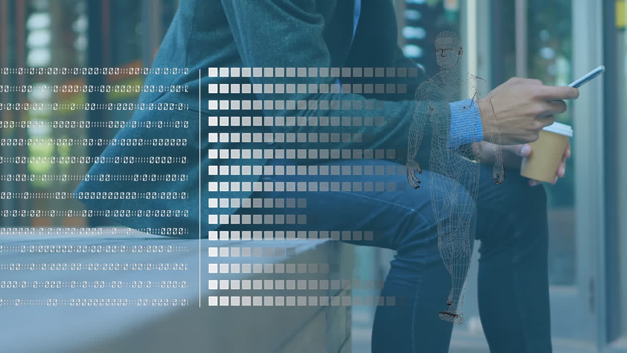 animación del procesamiento de datos sobre el empresario que trabaja en la oficina