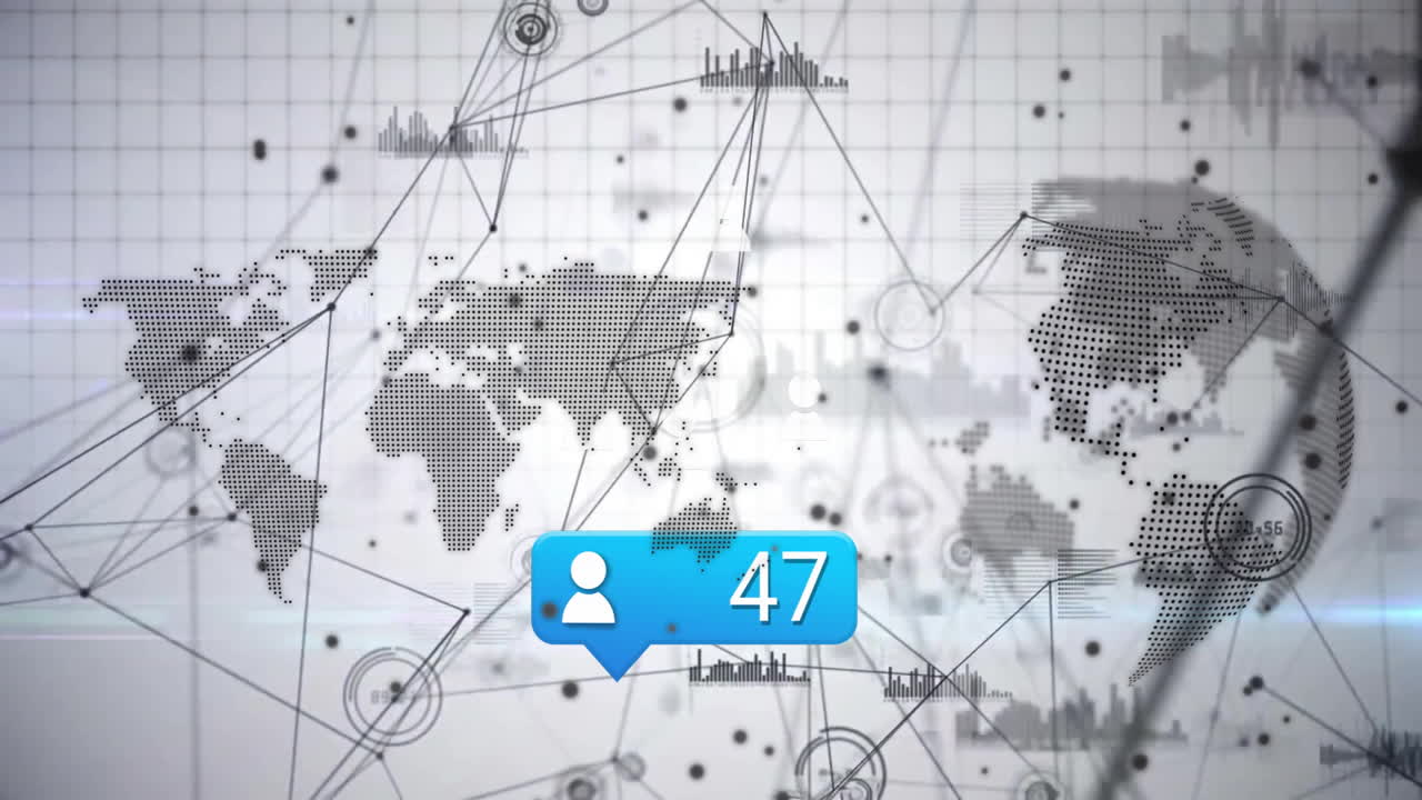 conexiones de red global y animación de notificación de redes sociales sobre el mapa del mundo