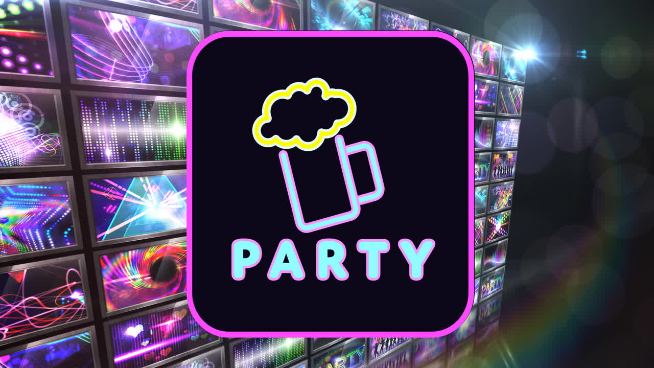 Animazione di festa neon e birra su schermi con equalizzatori colorati