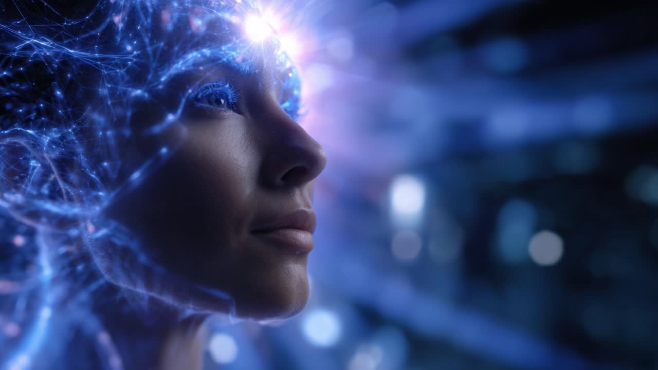 Una donna eterea con connessioni neurali luminose, che rappresenta la fusione della coscienza umana e della tecnologia in un'ipnotica dimostrazione di luce ed energia.