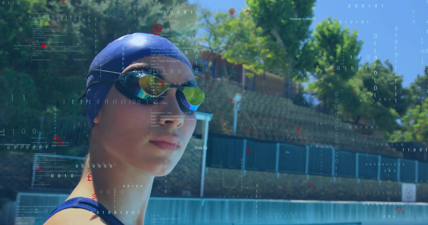 Nadadora ajustándose las gafas en el borde de la piscina y activando una superposición de código para el análisis del entrenamiento