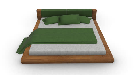 modern wooden platform bed with green bedding