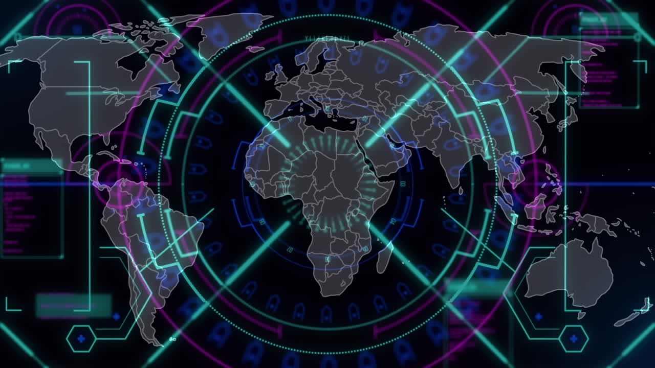 анимация сканирования и карты мира на черном фоне