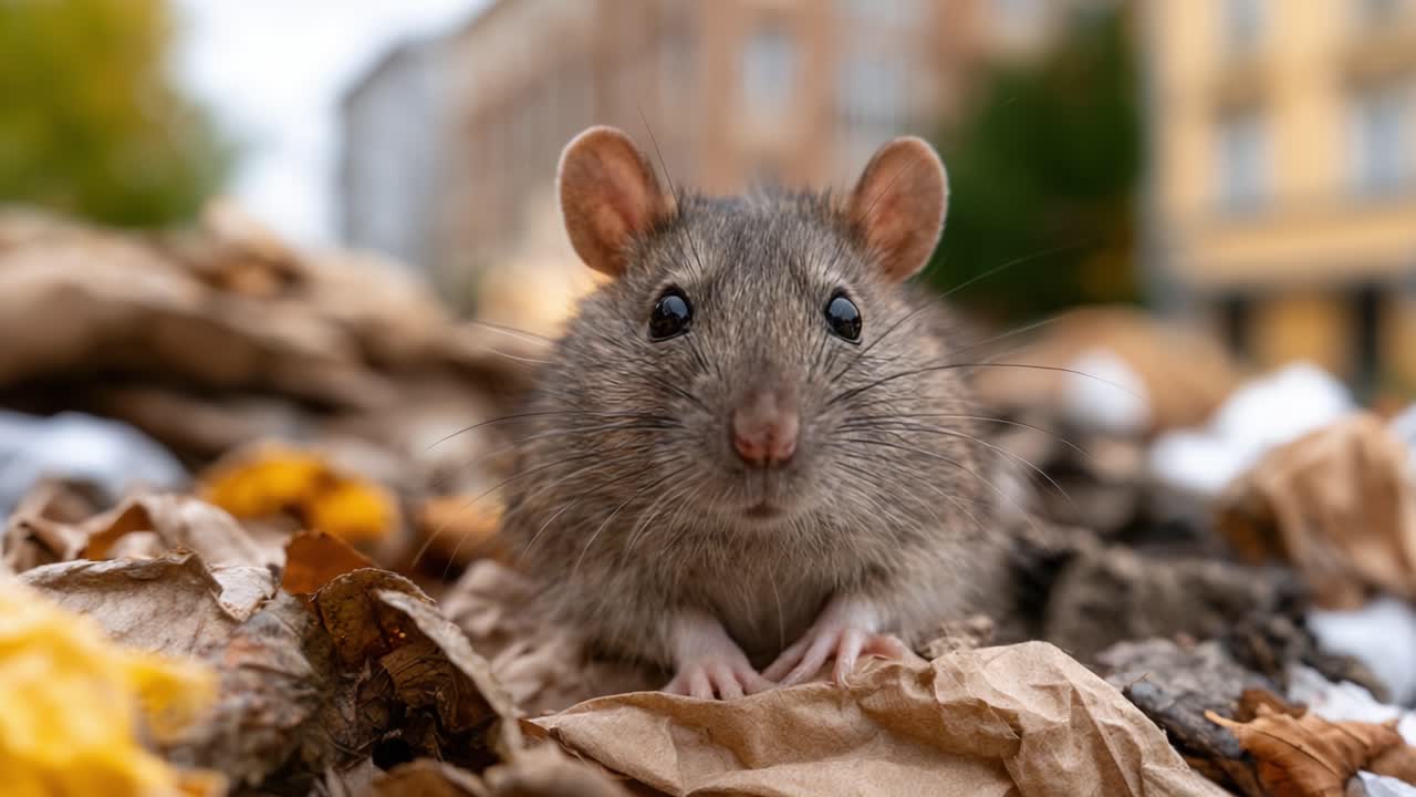 Un ratto curioso che si muove tra foglie cadute e detriti urbani, catturato in un momento sereno in mezzo al paesaggio urbano.
