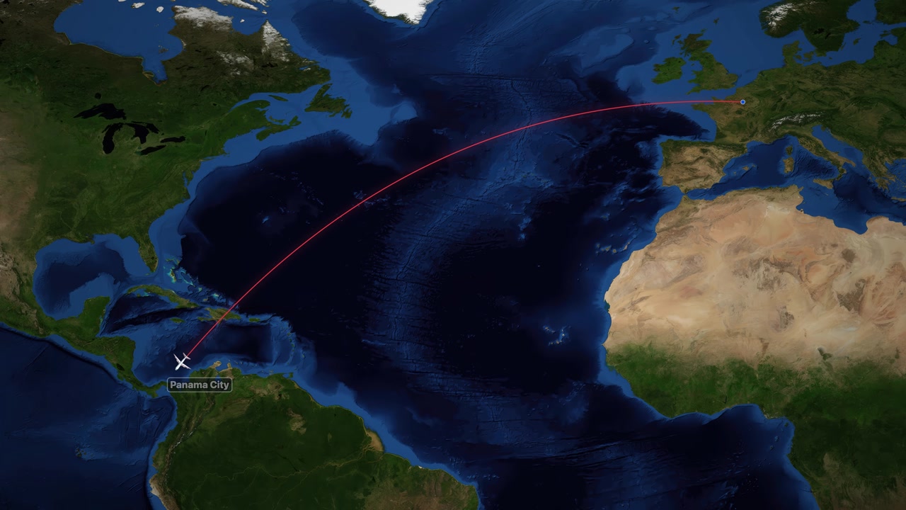 Satellite map animation follows a plane icon traveling across the Atlantic Ocean on red path