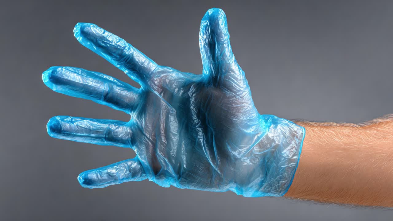 Close-up of a Gloved Hand Showcasing a Transparent Blue Medical Glove in a Neutral Background, Emphasizing Hygiene and Safety Practices