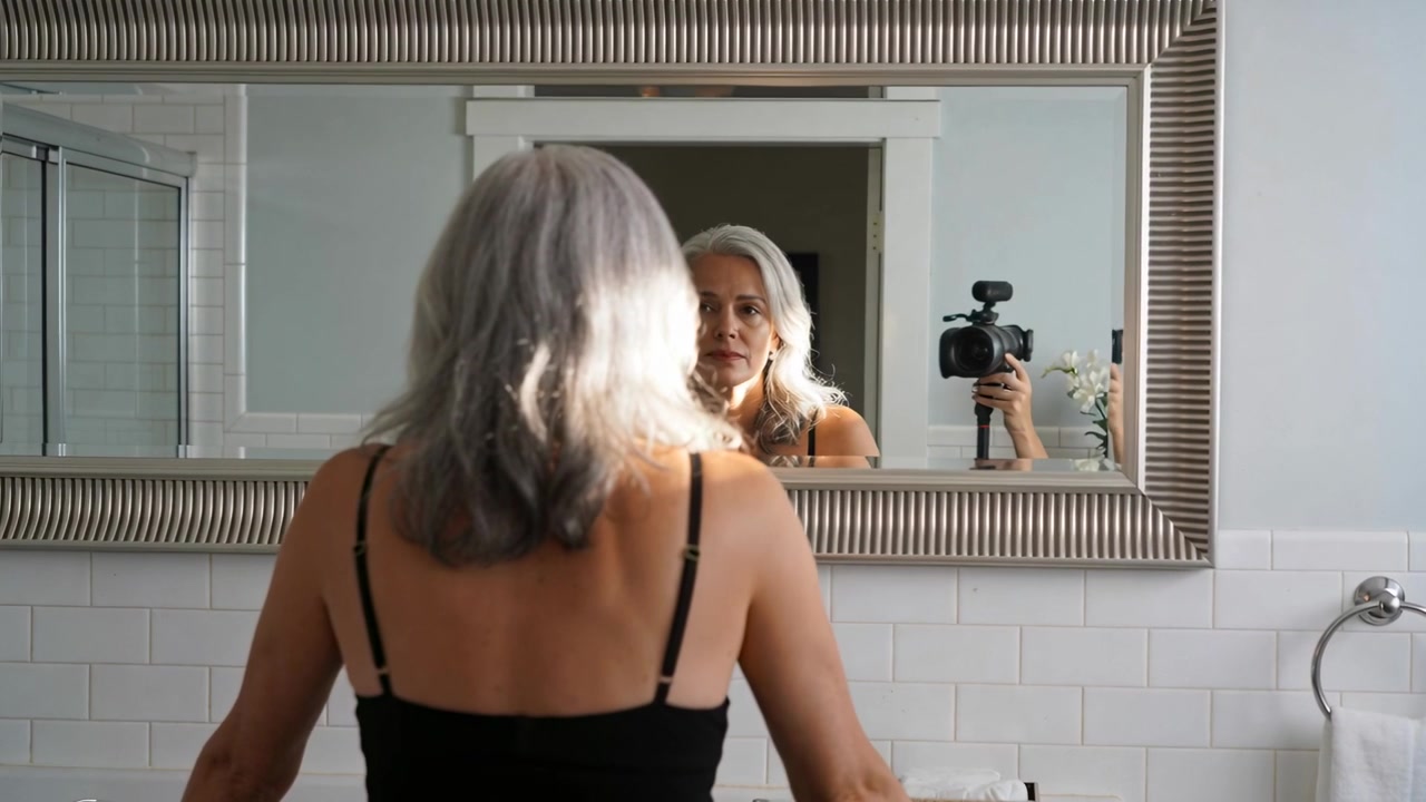 Donna anziana che si osserva allo specchio, con una canotta nera, mentre si sistema al lavandino del bagno, ripresa da una telecamera a mano
