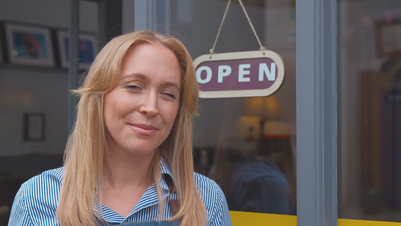 Porträt einer weiblichen Inhaberin oder Mitarbeiterin, die vor einem Geschäft oder Café im Eingangsbereich neben einem 'Geöffnet'-Schild steht
