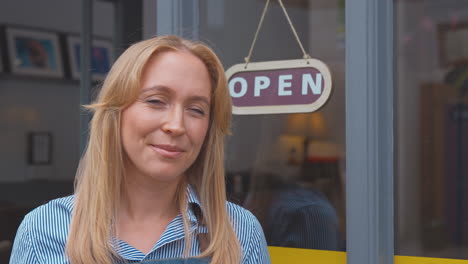 portrait of female owner or staff outside shop or cafe standing by open sign in doorway