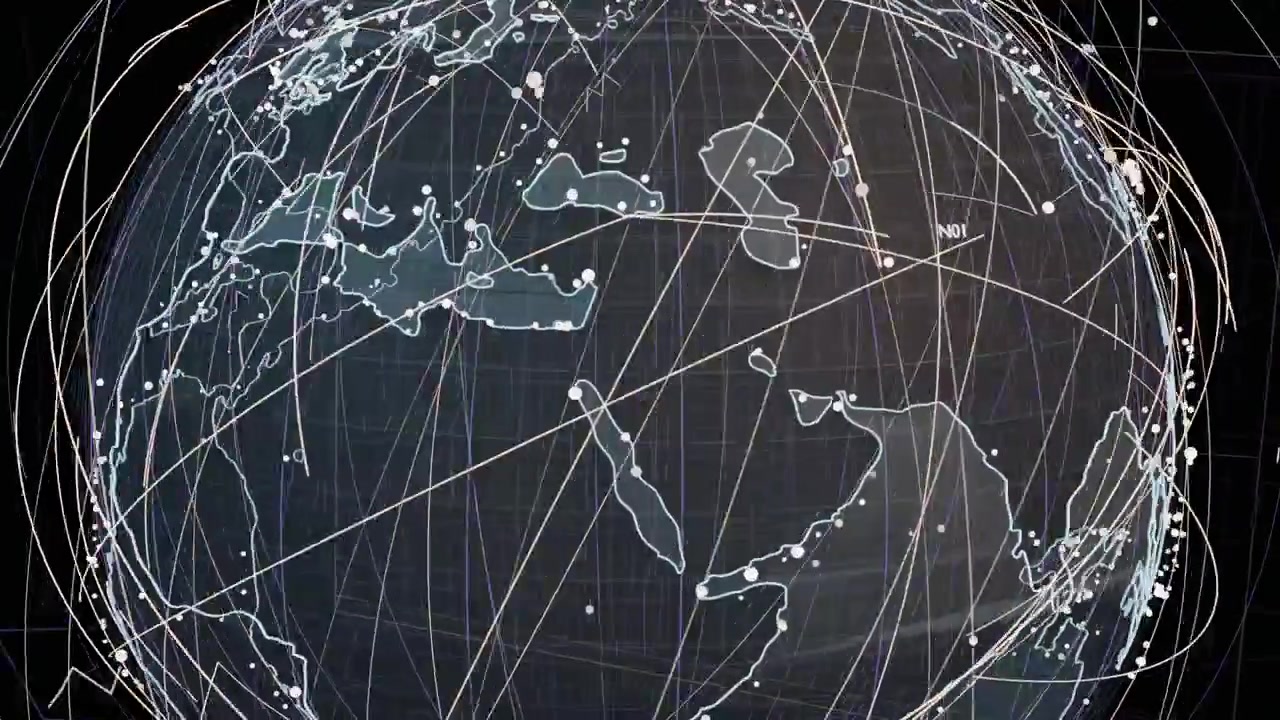 On start 3D globe rotating, revealing arcs and nodes on transparent backdrop mapping trajectories