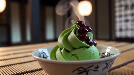 steaming matcha soft serve with red beans