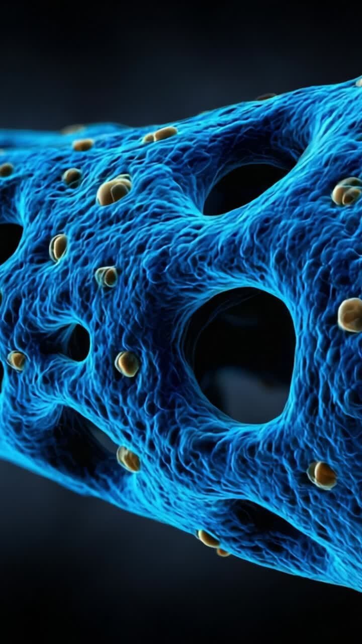 Primo piano di una struttura cellulare microscopica che evidenzia la trama intricata e i dettagli biologici, mostrando modelli complessi e pori di grandi dimensioni