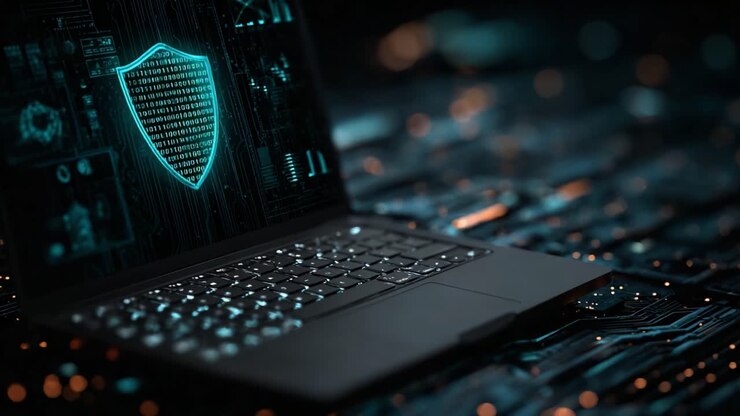 A Futuristic Cybersecurity Interface Displayed on a Laptop with Digital Binary Codes and Shield Symbol, Highlighting Modern Technology and Data Protection Concepts