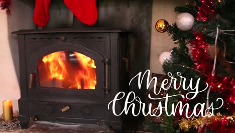 Animation-of-season's-greetings-text-over-fireplace-and-christmas-tree