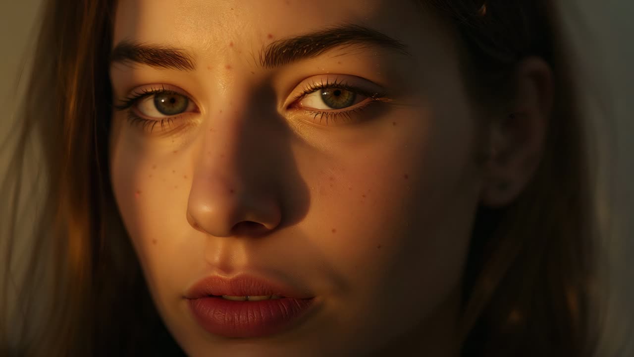Sosteniendo una mirada femenina, ojos parpadeando mientras la luz lateral cambia en el estudio para su estudio, mostrando un pendiente.