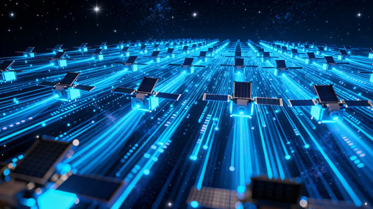 Advancing center cubesat fleet moving above blue data lanes, revealing solar panels and blue lights