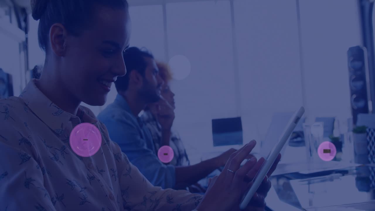 Animation of 5g icons over happy caucasian businesswoman using tablet at casual office