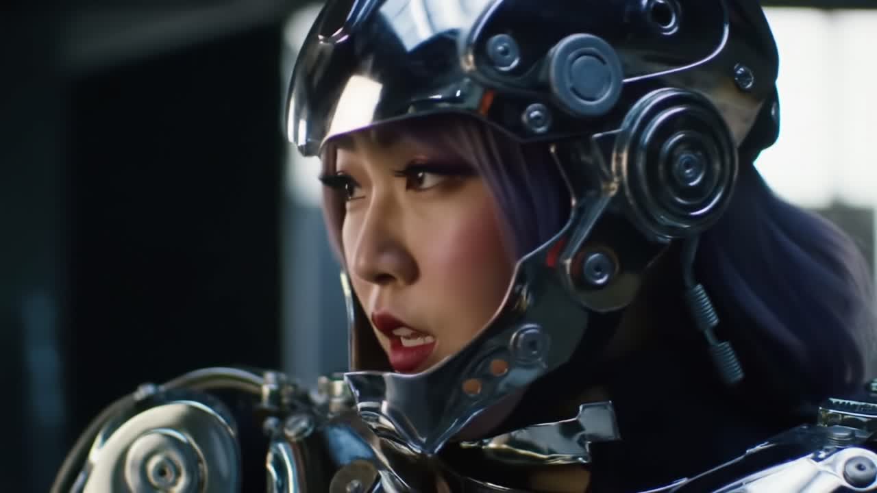 A Captivating Glimpse of a Sci-Fi Warrior: A Female Character in a Stunning Armored Suit with Metallic Features and Enigmatic Expressions