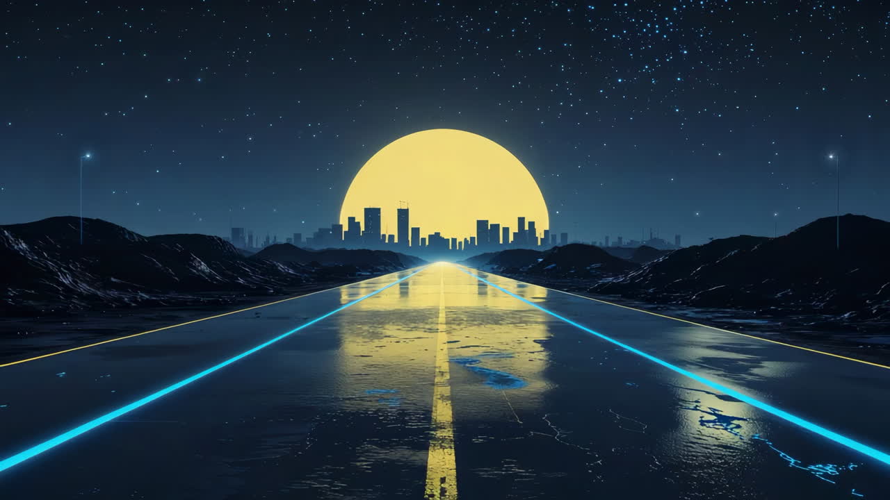 Retro-Futuristic Road to a Distant City at Night