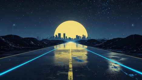 retro-futuristic road to a distant city at night