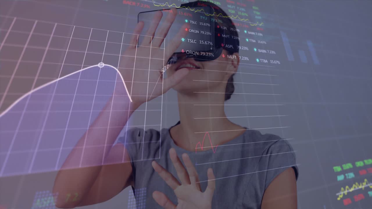 Animation of financial data processing over businesswoman using vr headset