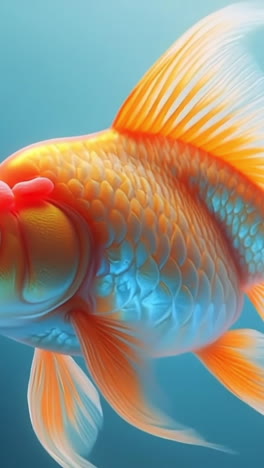 colorful goldfish swimming in blue water. a vibrant goldfish glides through clear blue water, showcasing its colors and flowing fins in an aquarium.