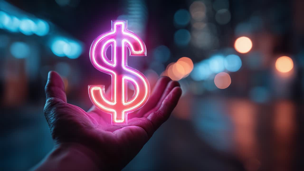 Un'insegna luminosa al neon con il simbolo del dollaro, accarezzata da una mano, che simboleggia ricchezza e prosperità in un vivace paesaggio urbano notturno con luci bokeh che arricchiscono l'atmosfera cittadina.