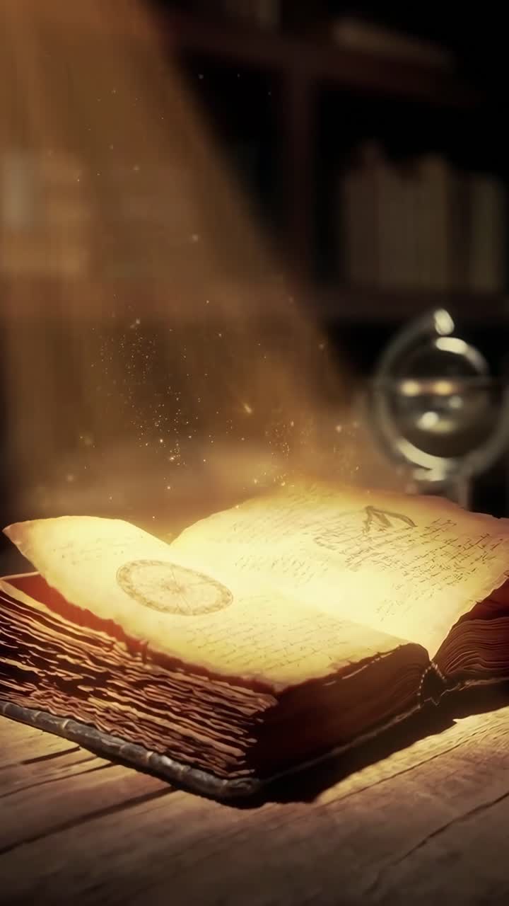 Un libro magico aperto su un tavolo di legno, con particelle di polvere in una luce calda