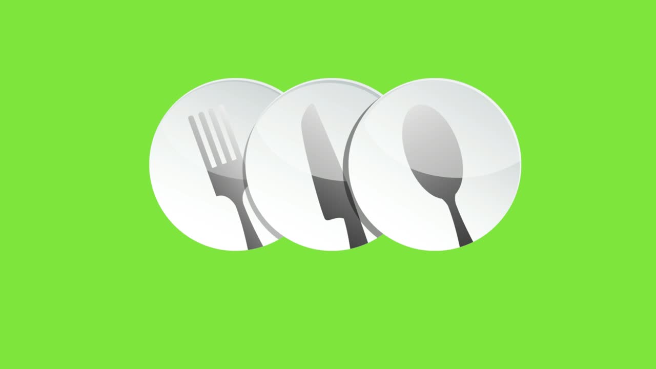 3 개의 접시, 식구, 요리 및 레스토랑의 개념, 크로마 키와 함께 애니메이션 일러스트레이션, 4k 영상