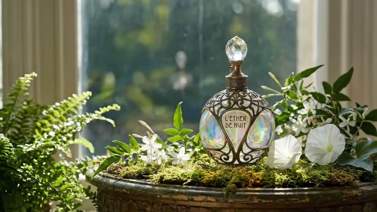 Elegant Perfume Bottle Spraying Fine Mist Among Green Plants and White Flowers