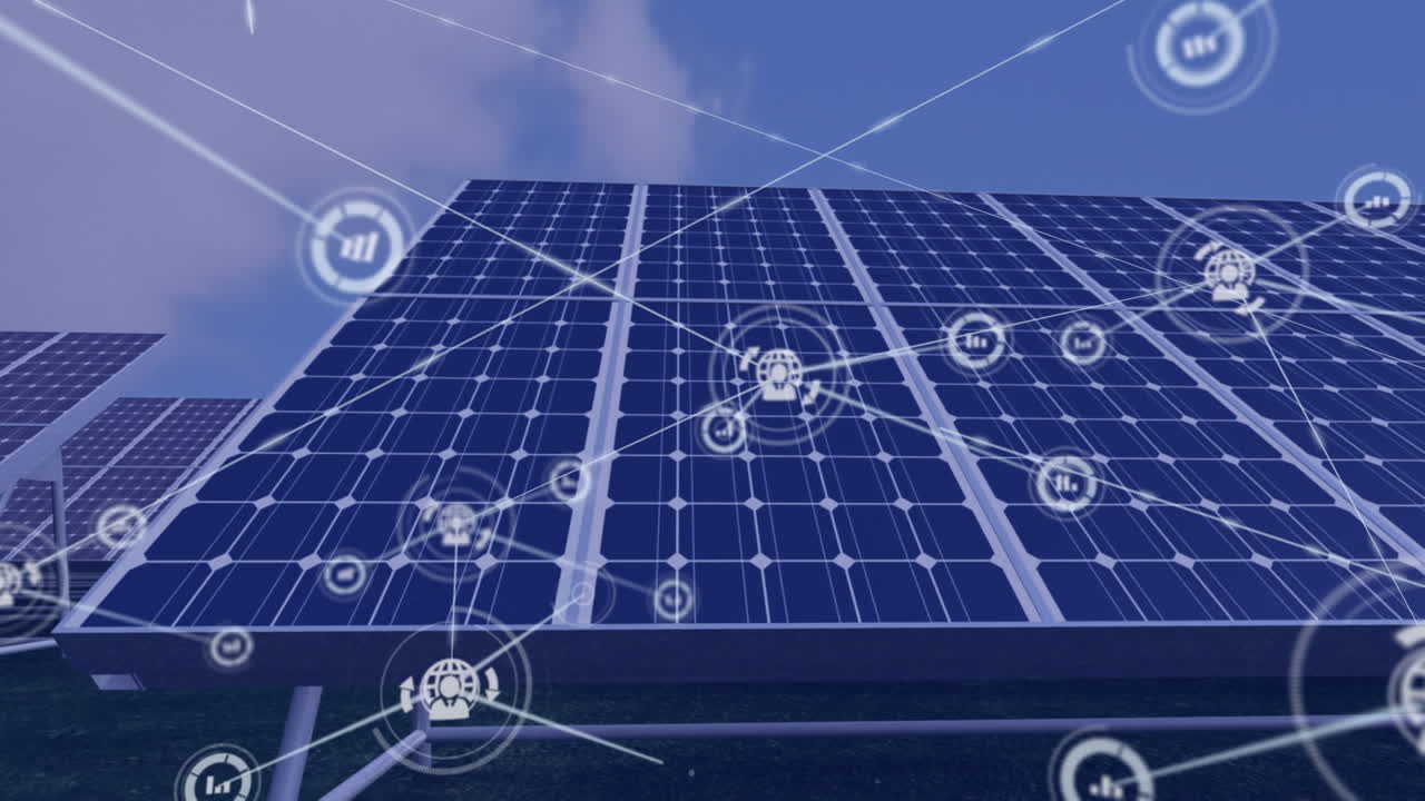 태양 전지 패널 위에 아이콘으로 연결된 네트워크의 애니메이션