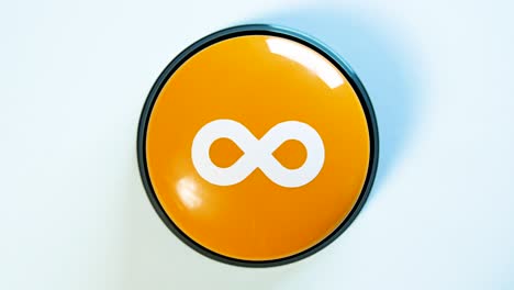 woman pushing a glossy button with infinity symbol on white background. mathematical symbol representing an infinitely large number. concept of getting something for free forever. lemniscate. no limit