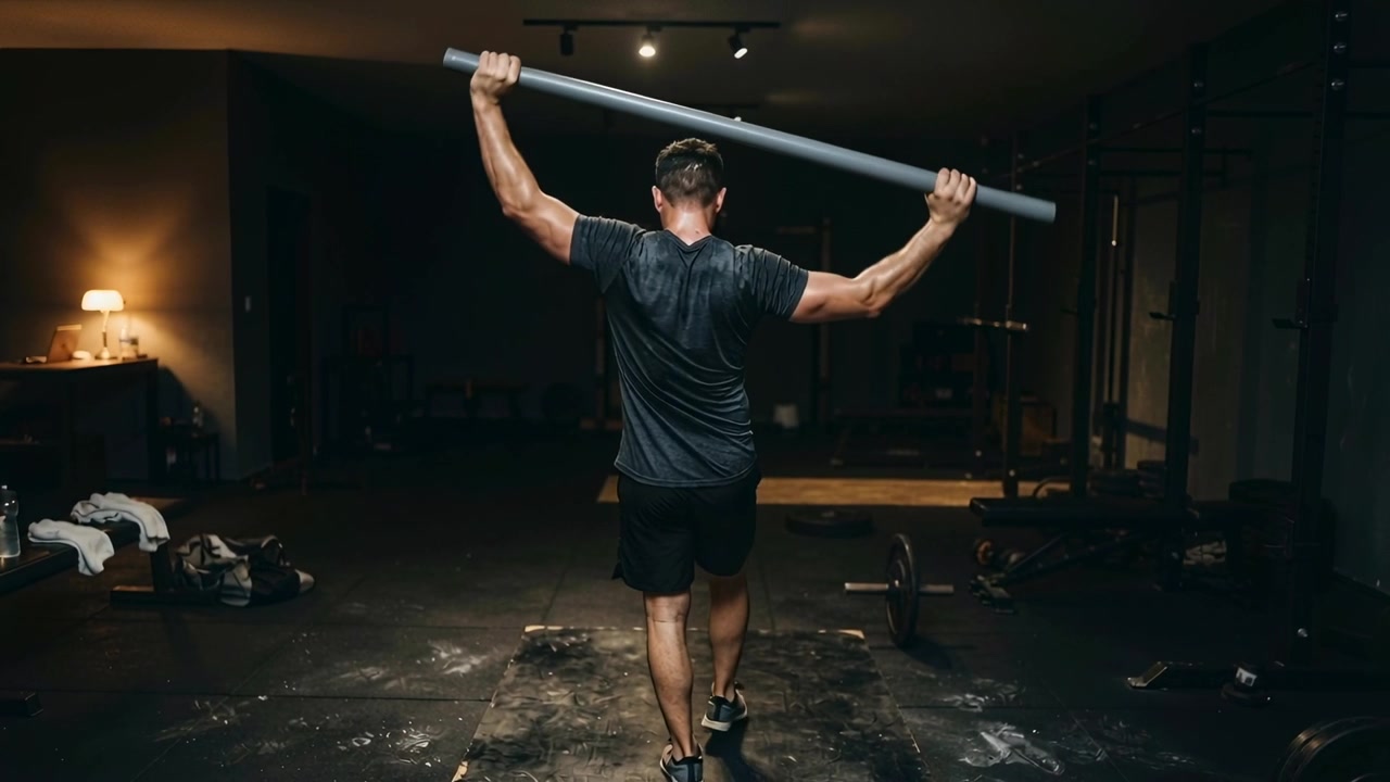 Avançando, homem de camiseta escura e shorts fazendo mobilidade de ombro para levantamentos em um colchonete de academia, segurando uma barra.
