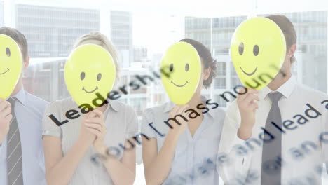 holding smiley face balloons, people standing over leadership definition animation