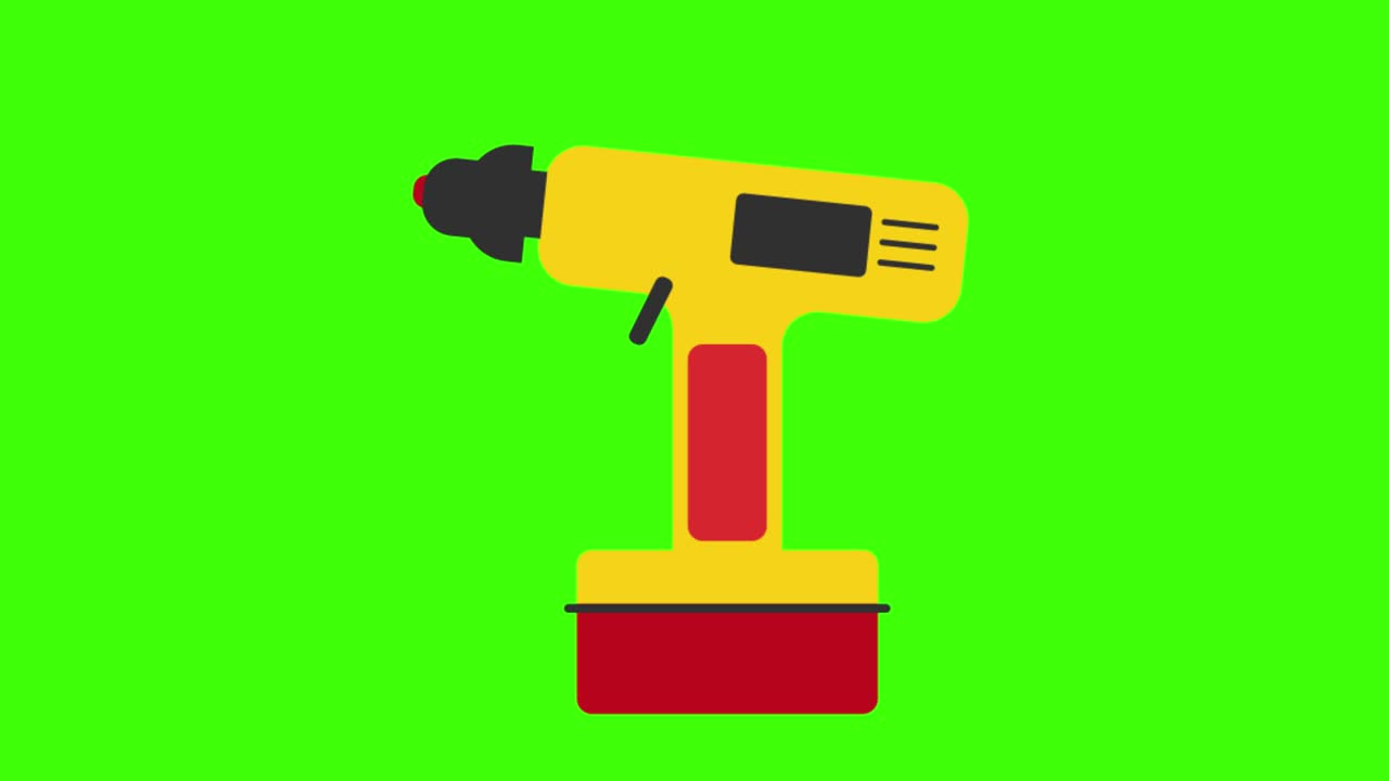 ilustración animada en 2d de un taladro inalámbrico en una pantalla verde