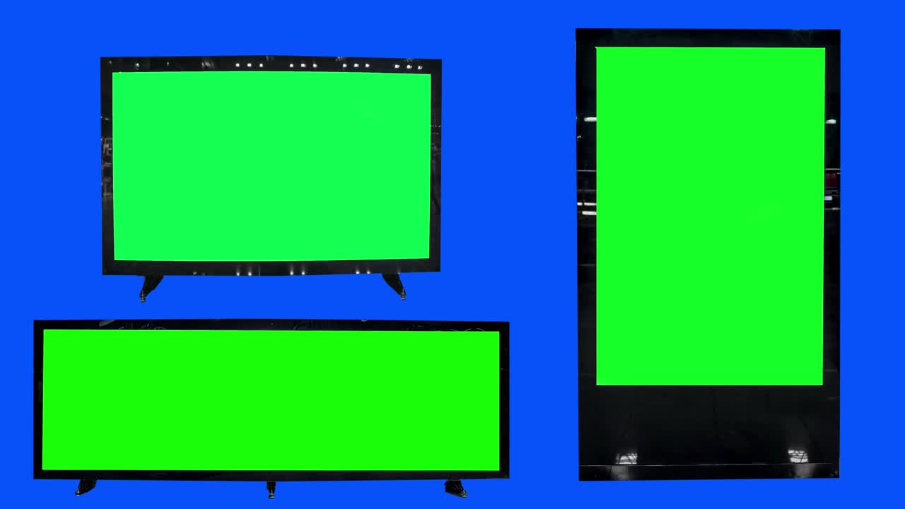 마 키, 3d 광고판 모, 녹색 스크린, 파란 스크린 배경의 빈 배너, 몇 개의 빈 보드.