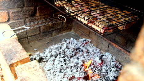 dripping chicken fat from grid on open fire coals creates a flame, outdoor grill