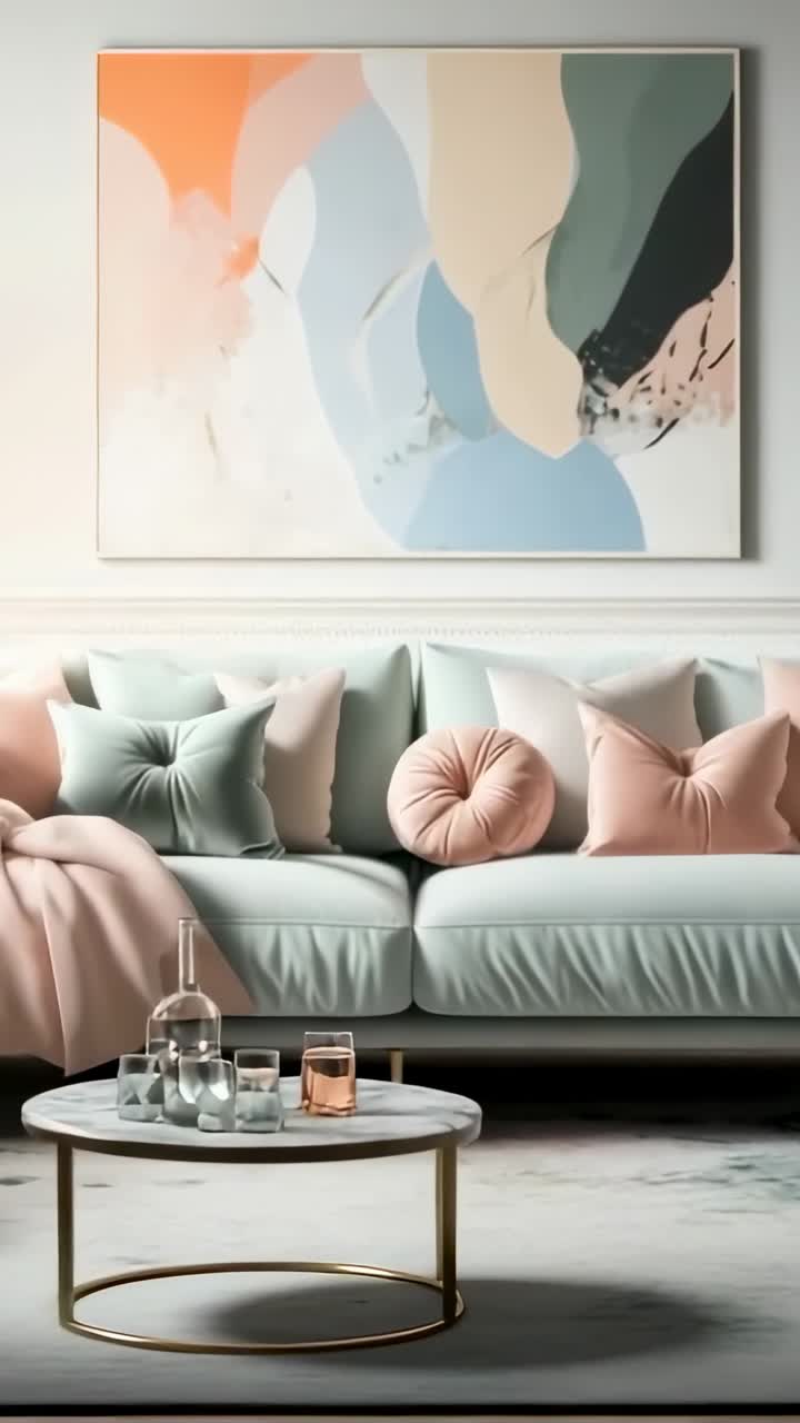 Vertical video: Tilting camera showing green sofa with pillows at home, coffee table and painting