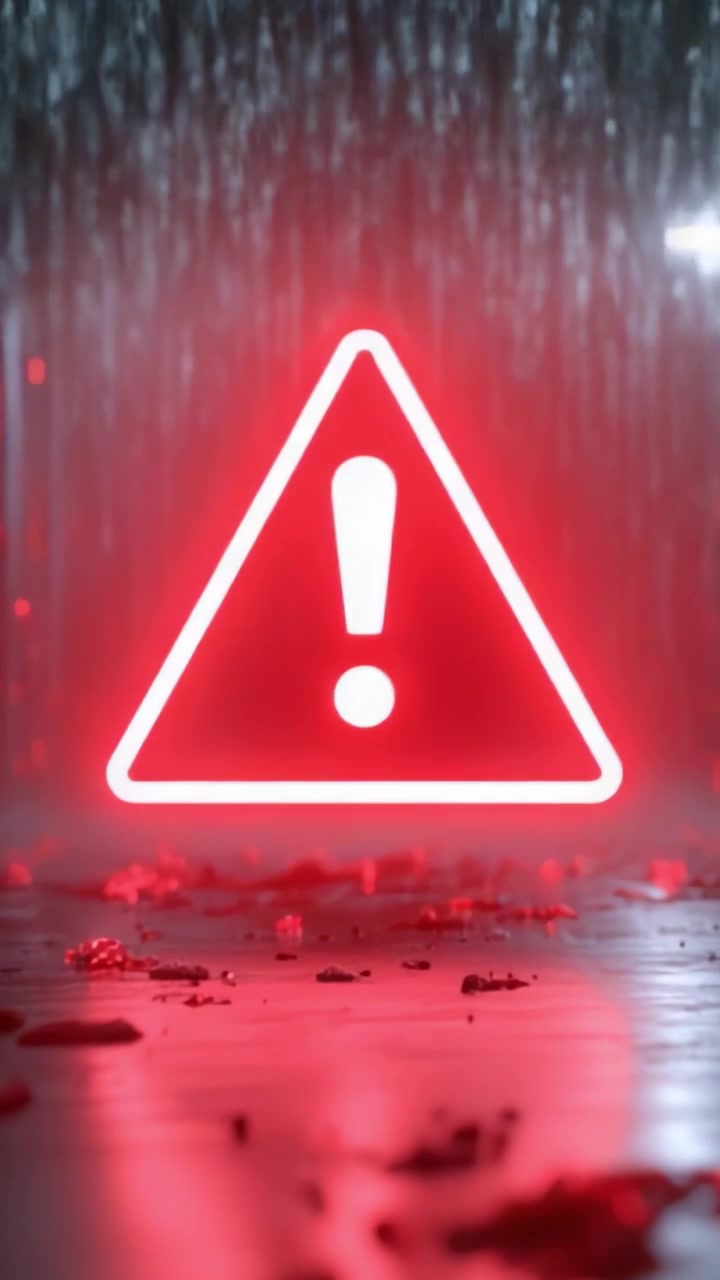 A striking visual of a glowing red warning sign set against a shimmering backdrop, representing caution and alertness amidst a detailed environment of scattered elements.