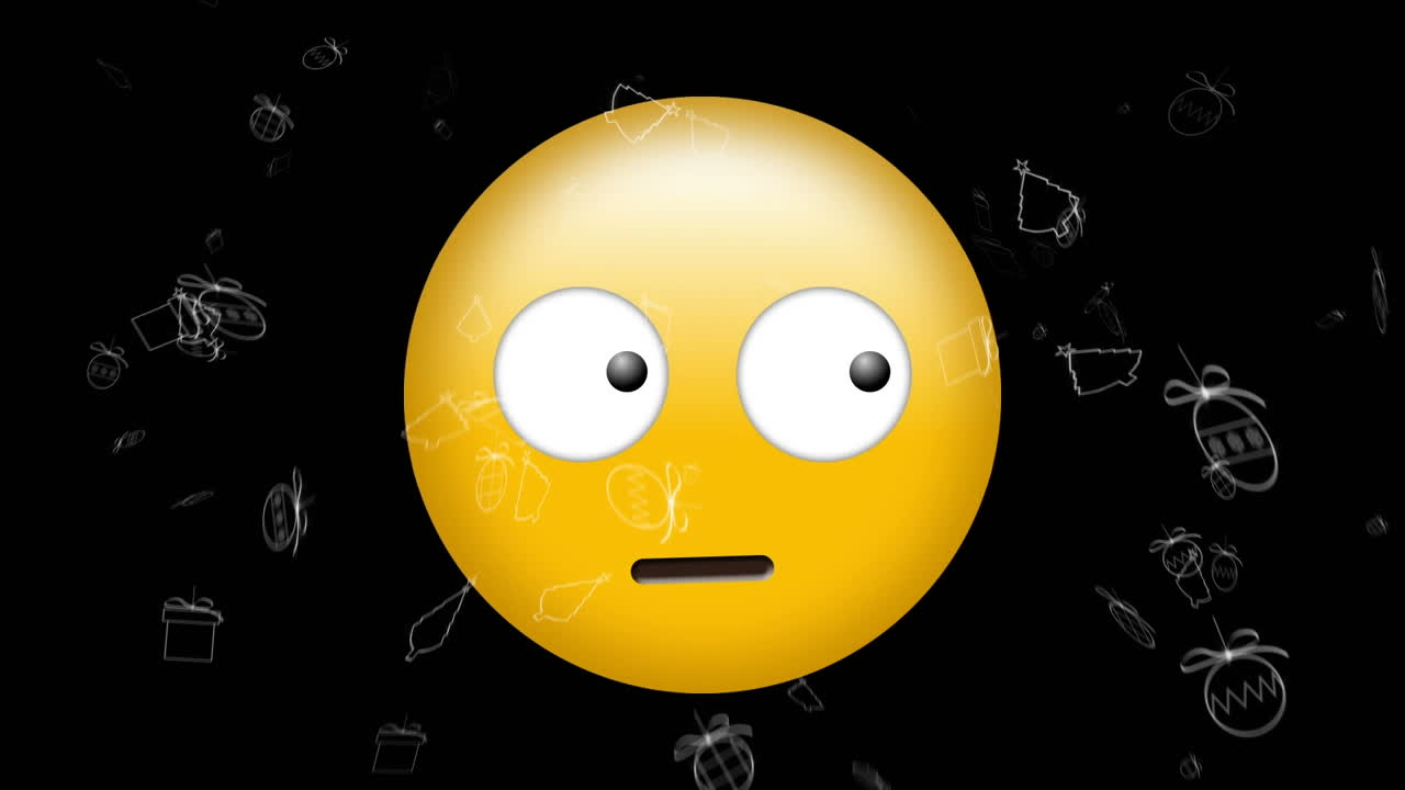 Animation of scared emoji icon on black back ground with falling trees