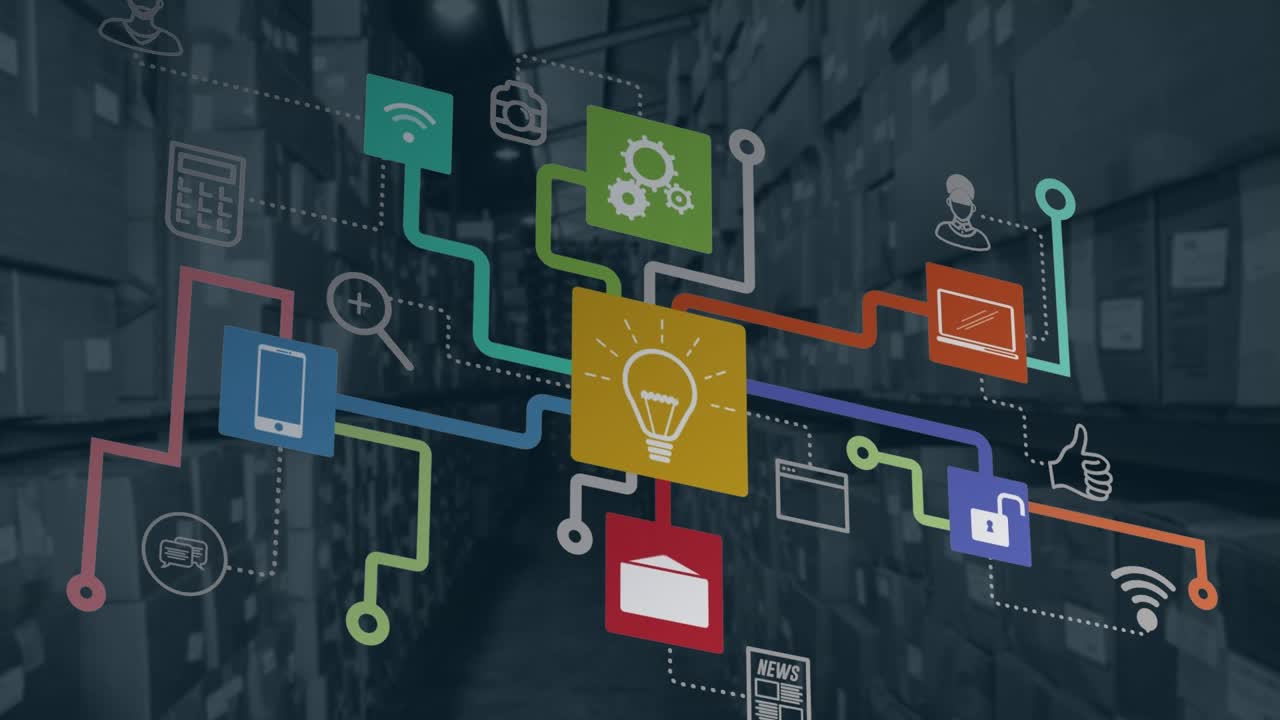 Animation of technology icons connecting dots over goods on shelves in distribution warehouse