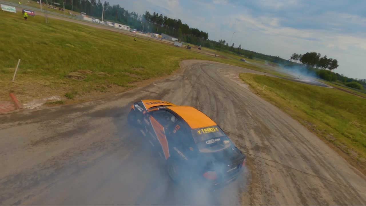 Henrik Åkeson drift car chased by FPV drone at Lidköping Motorstadion