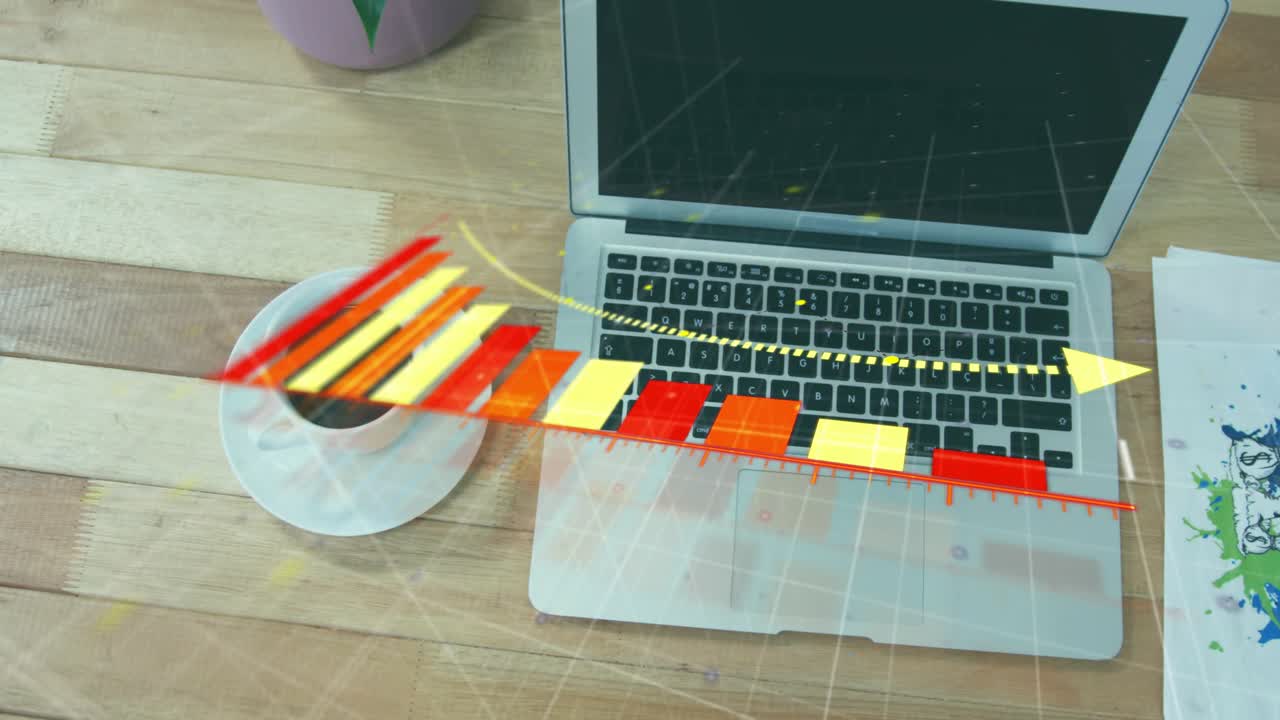 L'apparizione di una griglia attiva barre rosse che scorrono su tastiera e tazza e una freccia che si sposta, visualizzando i dati.